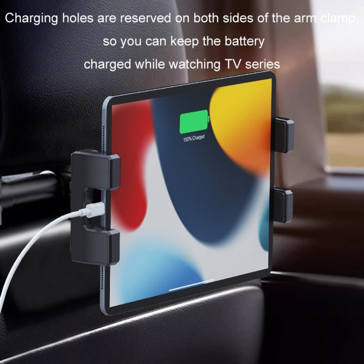 Car seat backrest phone holder with side charging port access and clamp
