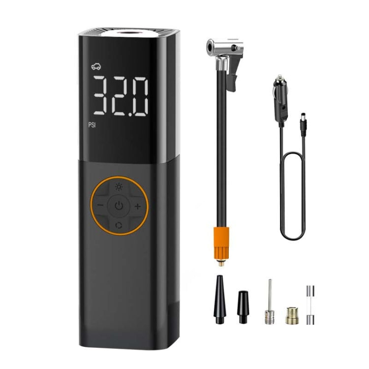 Portable digital car air pump with LCD display and included nozzle attachments