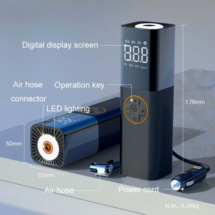 Car inflatable pump with digital display, control buttons, air hose connectors, power cord