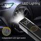 Car air pump with LED lighting shining on tire; illuminated independent LED switch