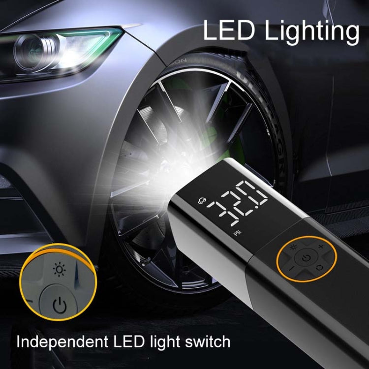Car air pump with LED lighting shining on tire; illuminated independent LED switch