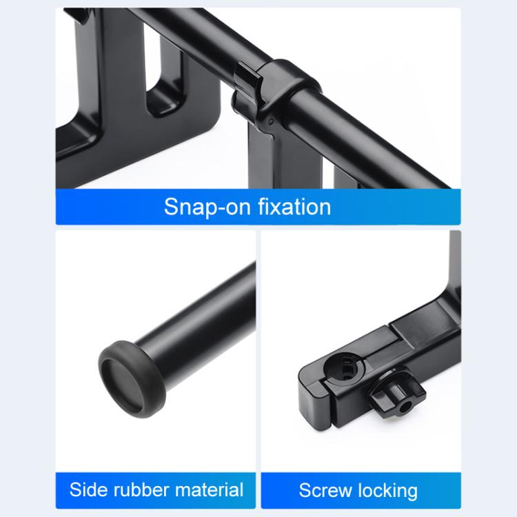 Black rail hook rack with rubber end cap and locking clamp hardware close-up