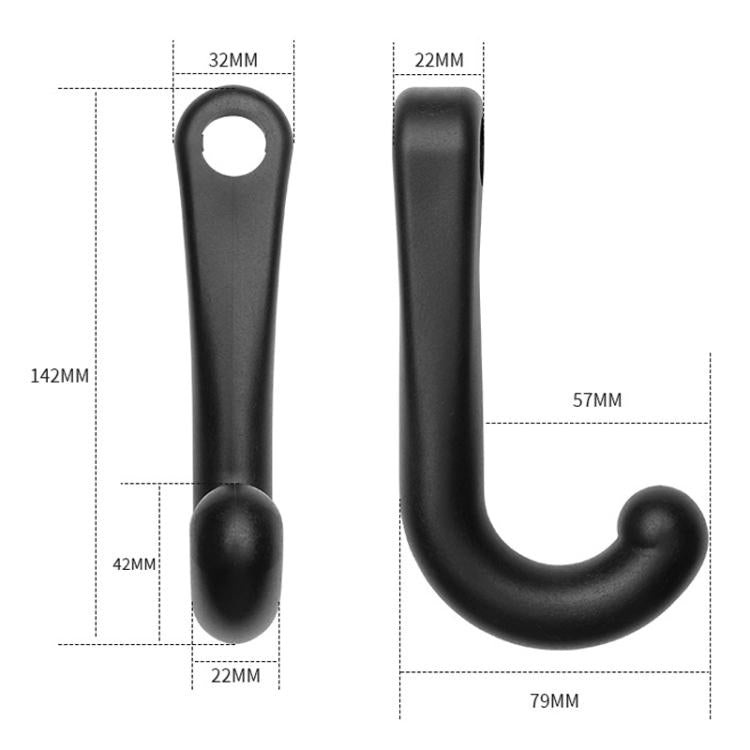 Black J-hook with hole, marked dimensions 32mm, 22mm, 57mm, 79mm