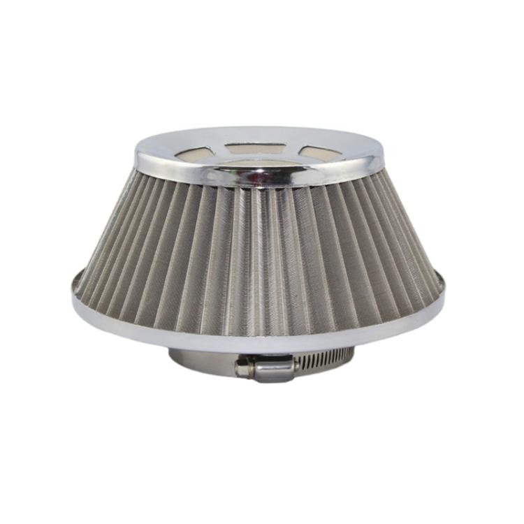 High-flow mushroom-head cone air intake filter with pleated silver mesh and chrome rim