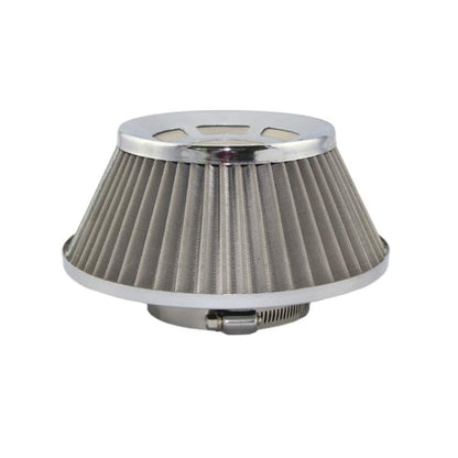 High-flow mushroom-head cone air intake filter with pleated silver mesh and chrome rim