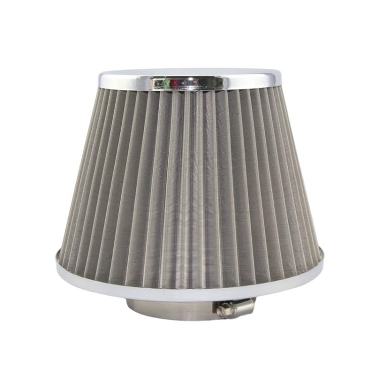 Chrome-topped cone air intake filter with pleated silver filter media and side mounting tab