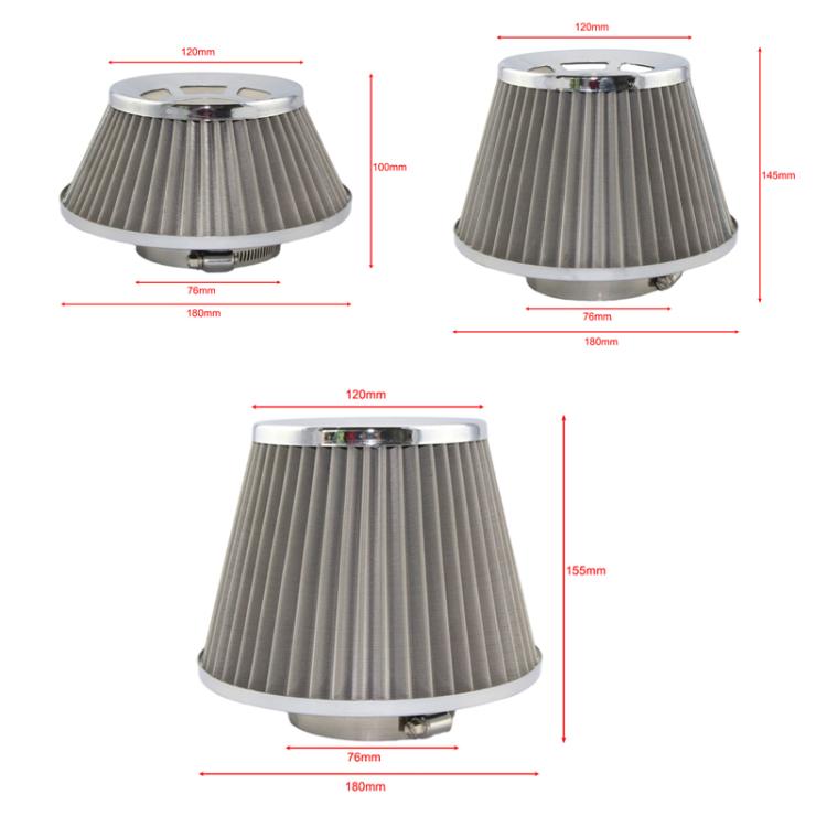 Mushroom-head cone air intake filter shown with size dimensions and pleated silver media