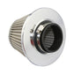 Side view of chrome air intake cone filter with black intake opening and pleated element