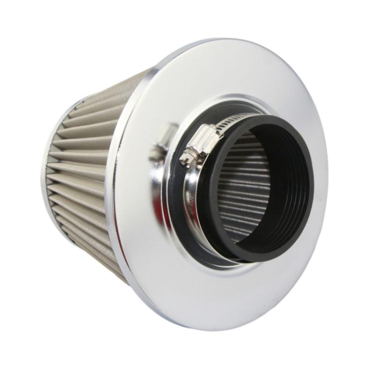 Side view of chrome air intake cone filter with black intake opening and pleated element