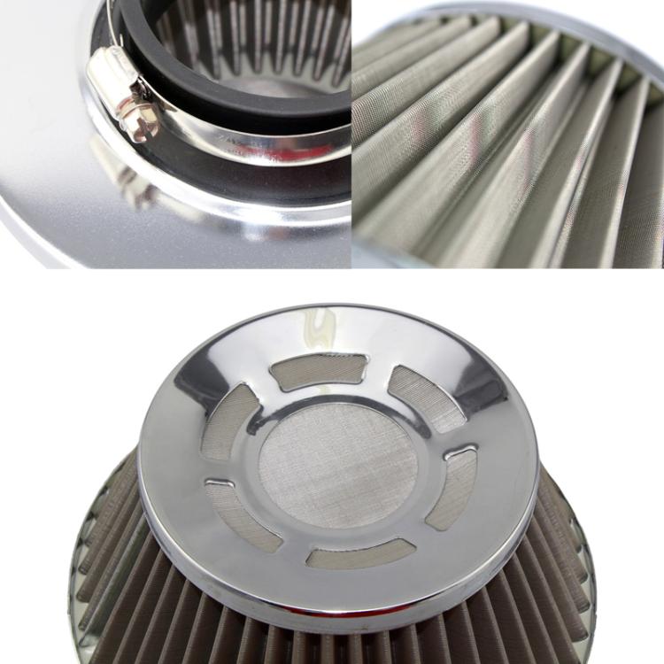 Close-up of chrome ring and pleated filter top on mushroom-head air intake cone