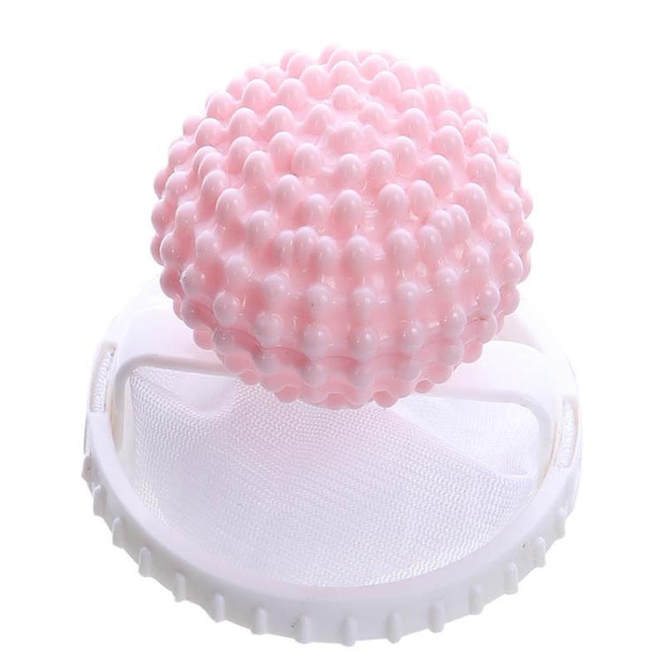 Hair lint catcher for washing machine with pink studded ball and white mesh cone bag