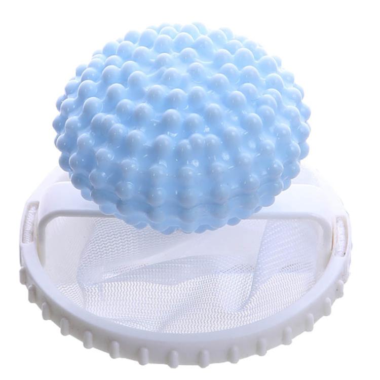 Hair lint catcher for washing machine with blue studded ball and white mesh cone bag