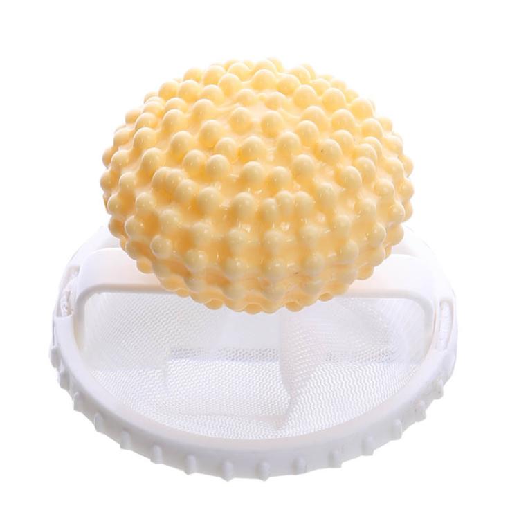 Hair lint catcher for washing machine with yellow studded ball and white mesh cone bag