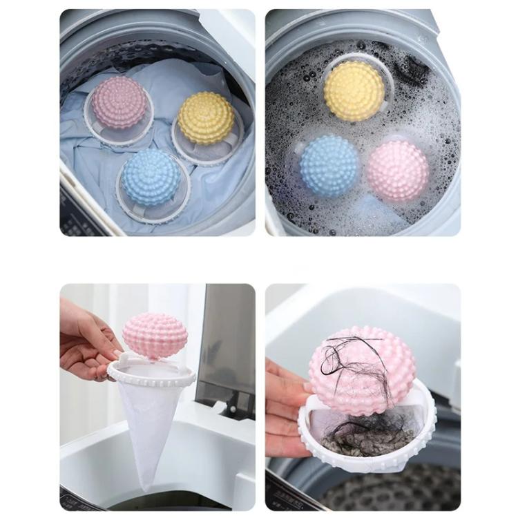 Set of washing machine hair lint catcher balls and mesh bags in multiple colors, shown in use