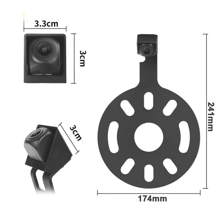 Square backup camera with black bracket and round mounting plate; size diagram