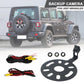 Jeep backup camera kit with lens unit, wiring harness, and round mounting plate