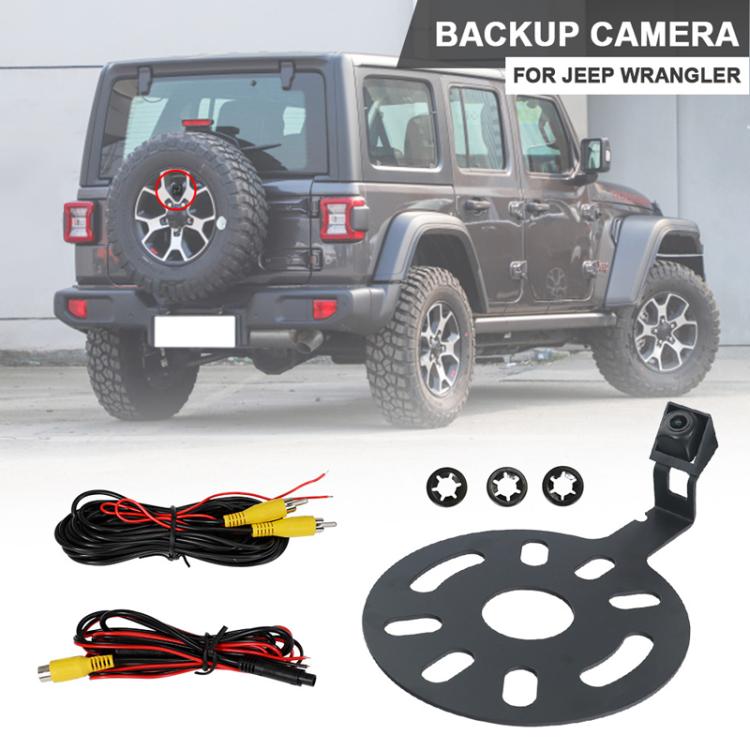 Jeep backup camera kit with lens unit, wiring harness, and round mounting plate