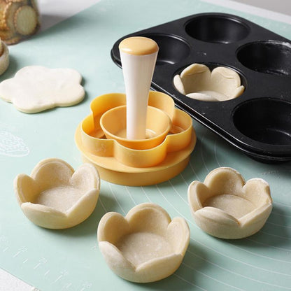 Yellow and white cake cup press mold tool with handle insert for shaped cookies