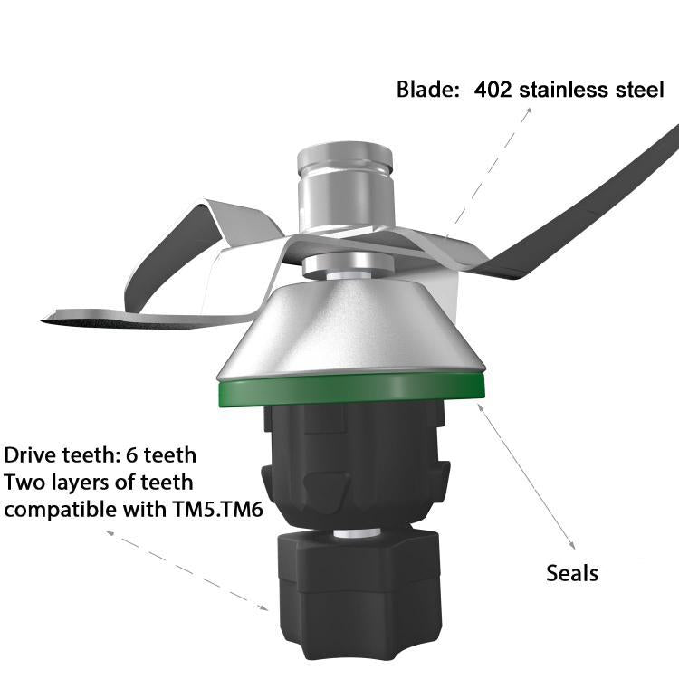 Stainless steel mixing blade with green seal and black drive teeth base