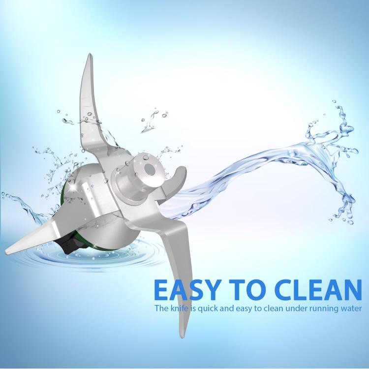 Stainless steel Thermomix blade with green seal shown under water splash