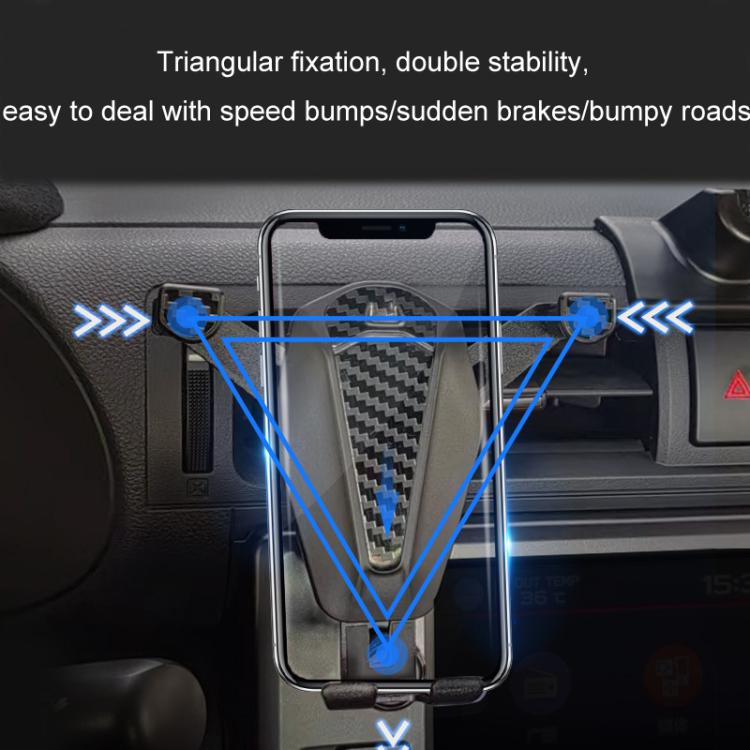 Car air vent phone holder with triangular fixation for stability over bumps