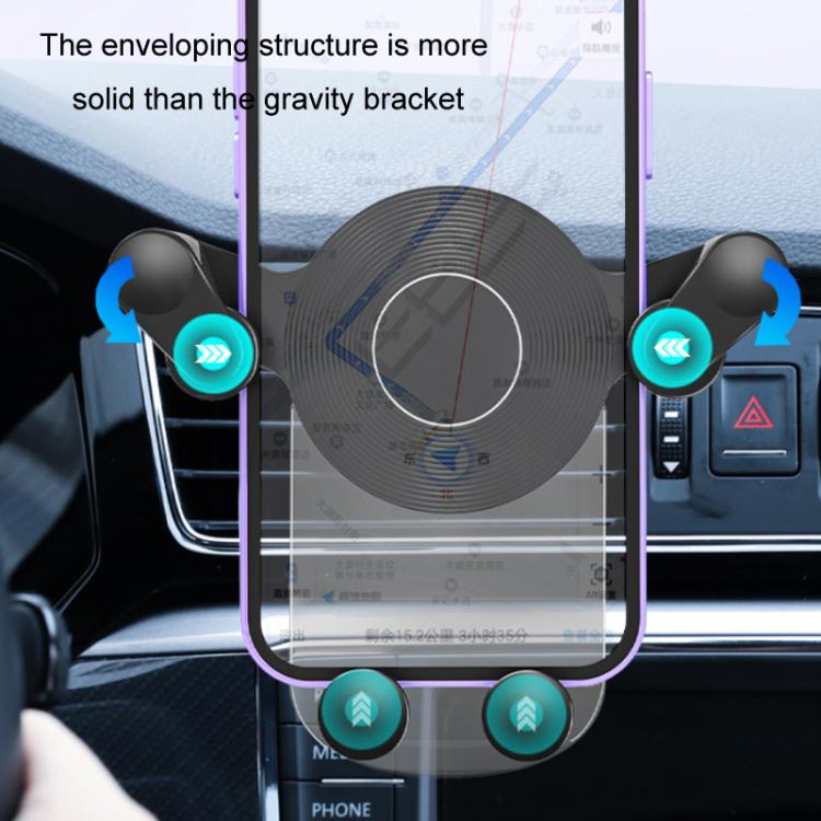 Black gravity phone holder installed on car dashboard vent with rotating ring