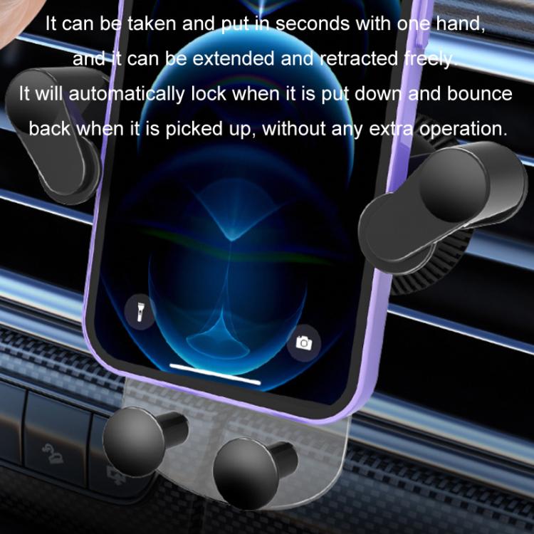 Black gravity phone mount with retractable arms and vent blade clamp, side view