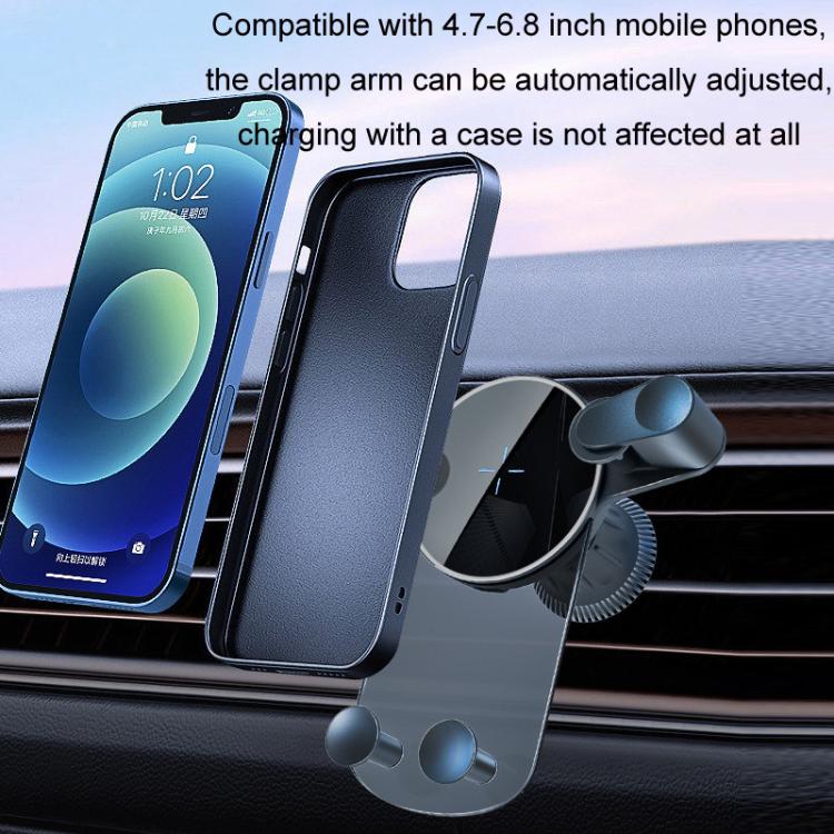 Snap-in car charging holder holding a phone with adjustable clamp cradle