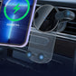 Car wireless charging phone holder mounted on dashboard vent, secure snap grips