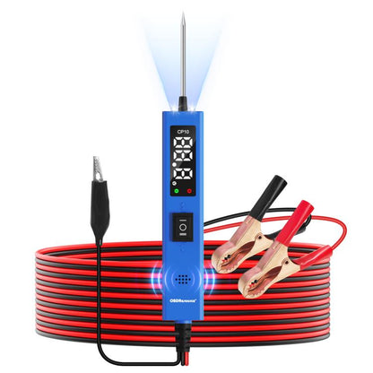 Blue portable automobile circuit tester with digital display and red/black alligator clips