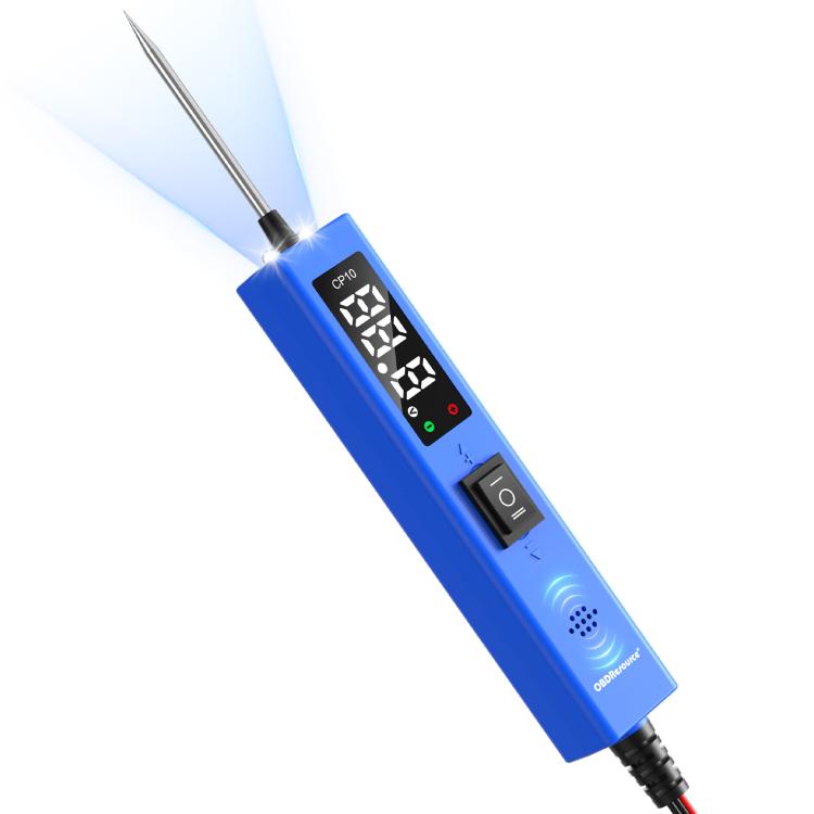 Blue handheld circuit tester probe with digital grid screen and power switch