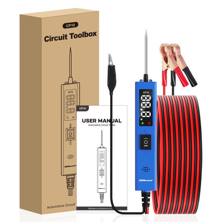 Portable automobile circuit tester kit with blue tester, red coiled cable, and probe leads