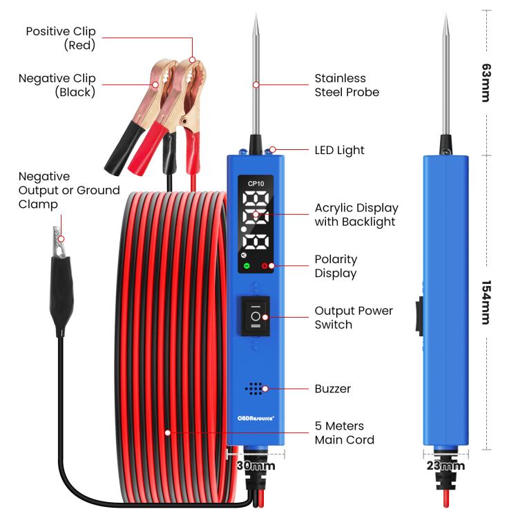 Blue circuit tester with acrylic display, polarity indicators, and 5 m main cord