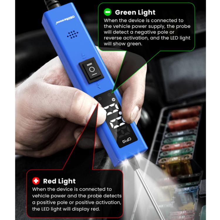Hand holding blue circuit tester showing green and red LED light indicators