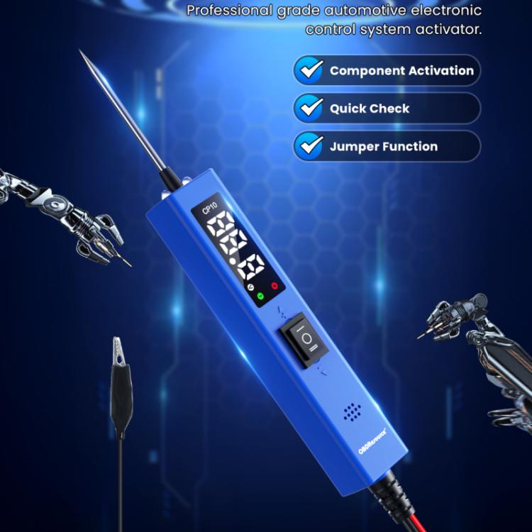 Blue automotive circuit tester with probe, tool clips, and activation mode buttons