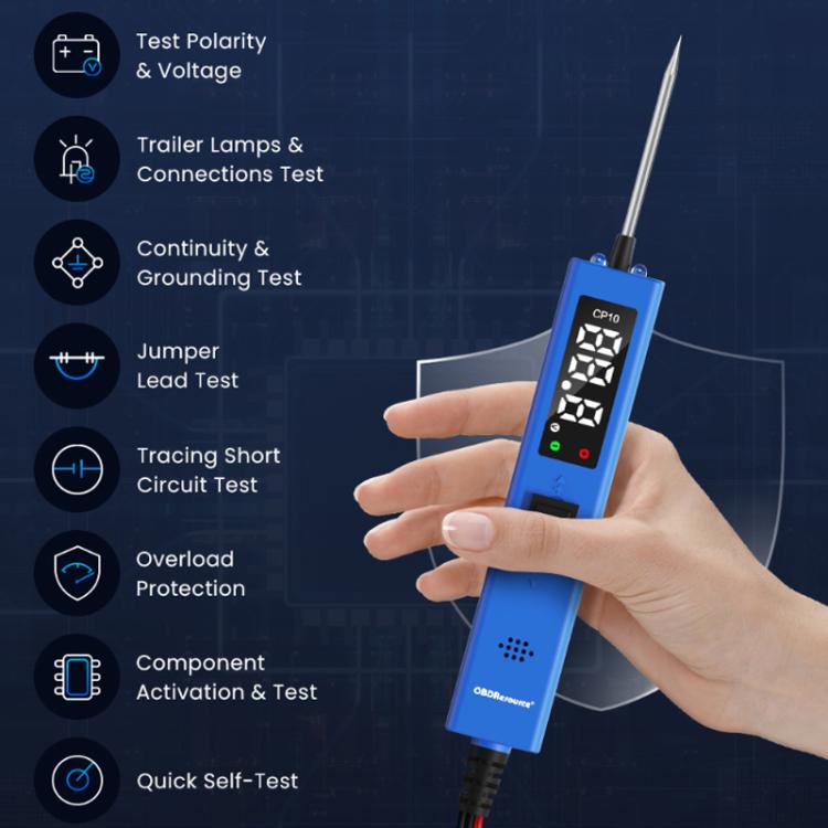 Handheld blue circuit tester with on-device icons for voltage, continuity, and tests