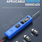 Blue OBD-style circuit tester with long probe and red cable, plus small vehicle icons