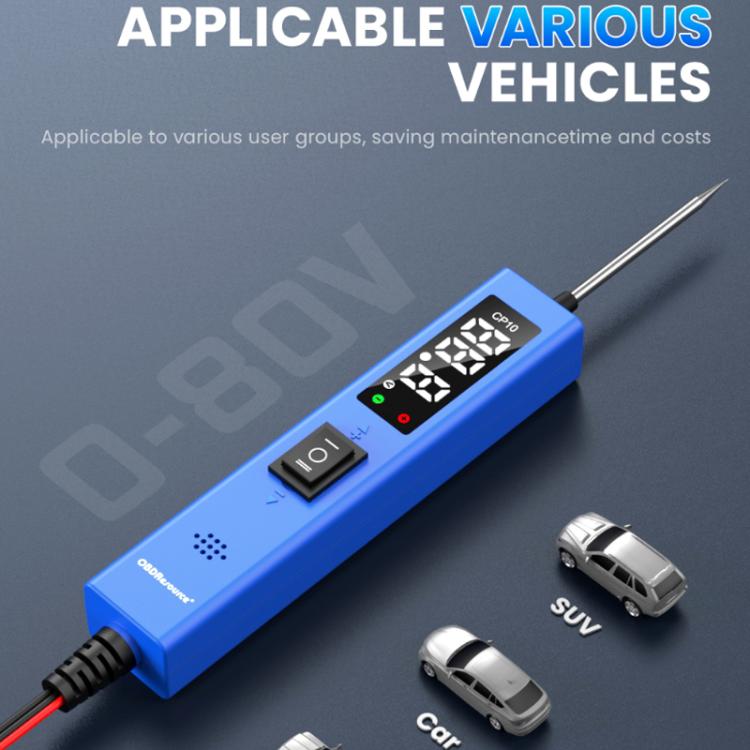 Blue OBD-style circuit tester with long probe and red cable, plus small vehicle icons