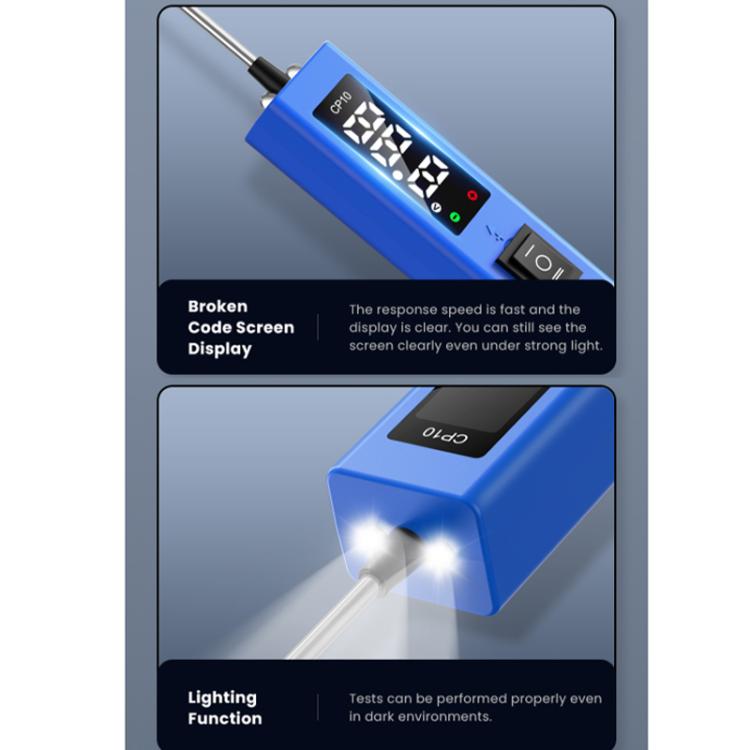 Blue circuit tester close-up with broken code screen and lighting function panel