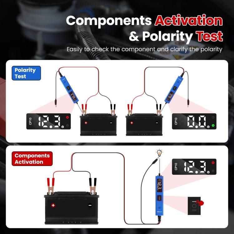 Circuit tester system diagram showing components activation and polarity test outputs