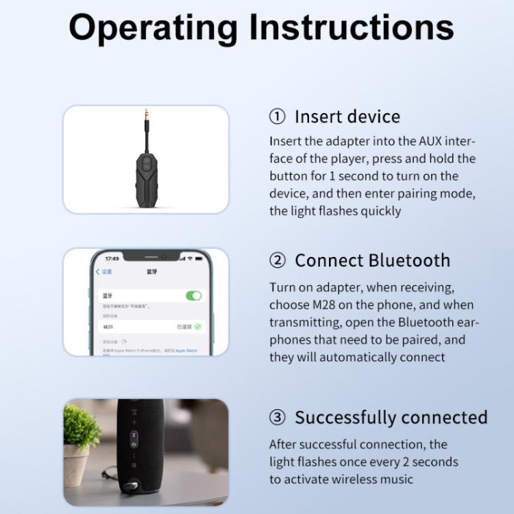 Black AUX Bluetooth audio receiver/transmitter adapter with indicator light, M126