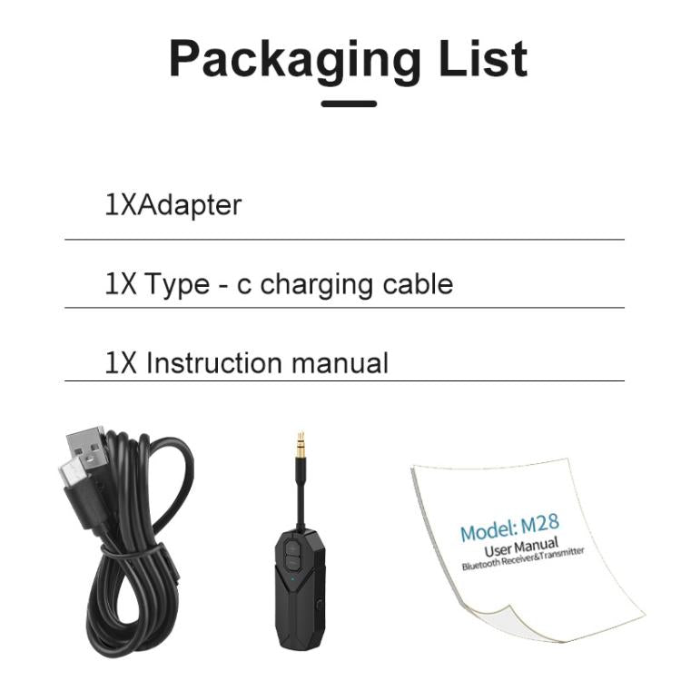 Package contents: M126 2-in-1 AUX Bluetooth adapter, Type-C cable, user manual
