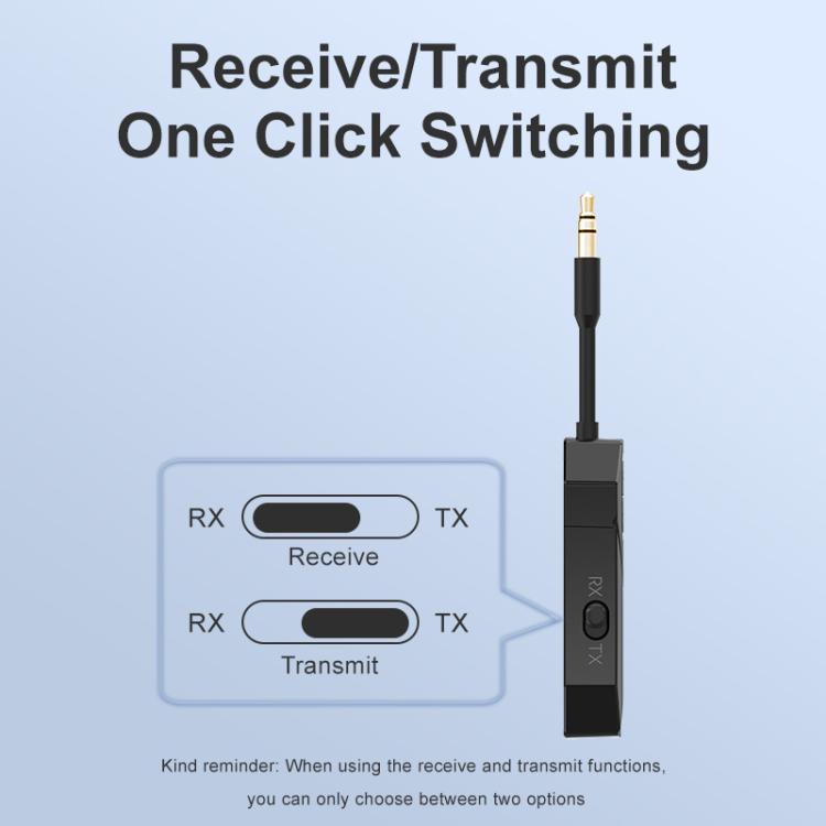 Bluetooth AUX car audio receiver/transmitter showing one-click RX/TX switching