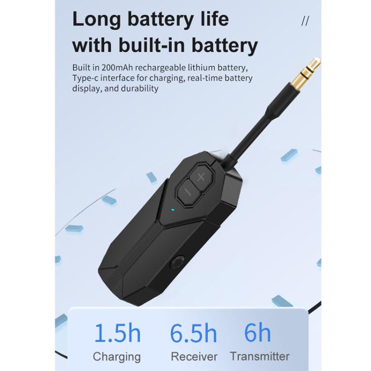 Bluetooth AUX car audio receiver/transmitter with built-in battery and Type-C charging
