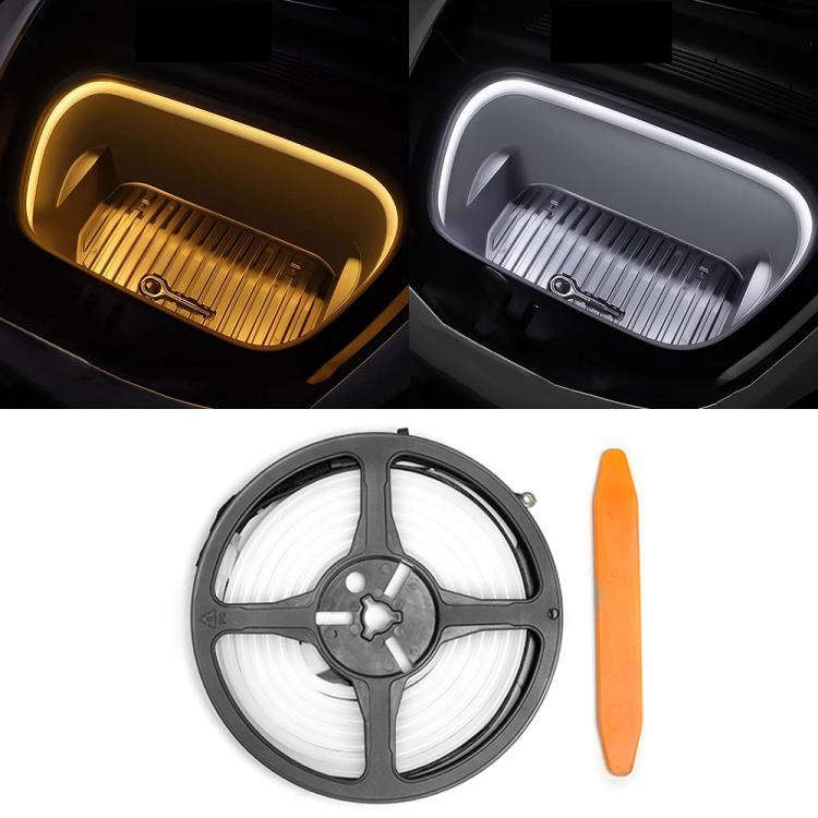 LED welcome light bar modules showing warm amber and cool white glow with circular base