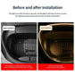 Front trunk LED welcome light bar shown before and after warm illumination