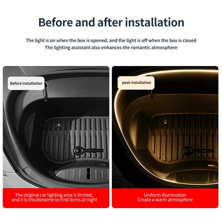 Front trunk LED welcome light bar shown before and after warm illumination