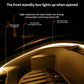 Front trunk interior LED light bar along edge with warm amber illumination