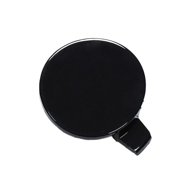 Black round front towing hook cover with hinged tab