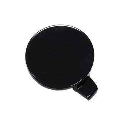 Black round front towing hook cover with hinged tab